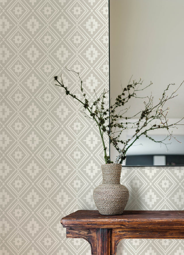 Camp Blanket Silver Wallpaper with Geometric Western Medallion Pattern - Chesapeake 4142-72659