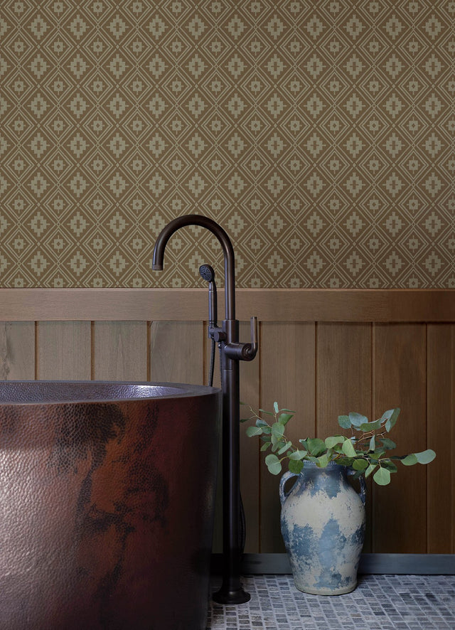 Camp Blanket Chestnut Wallpaper with Geometric Western Medallion Pattern - Chesapeake 4142-72660