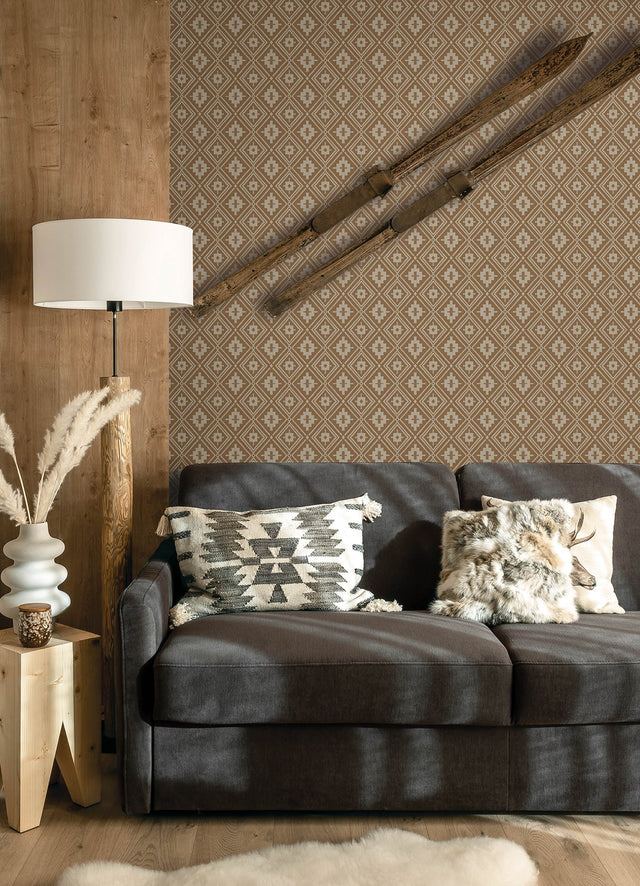 Camp Blanket Chestnut Wallpaper with Geometric Western Medallion Pattern - Chesapeake 4142-72660