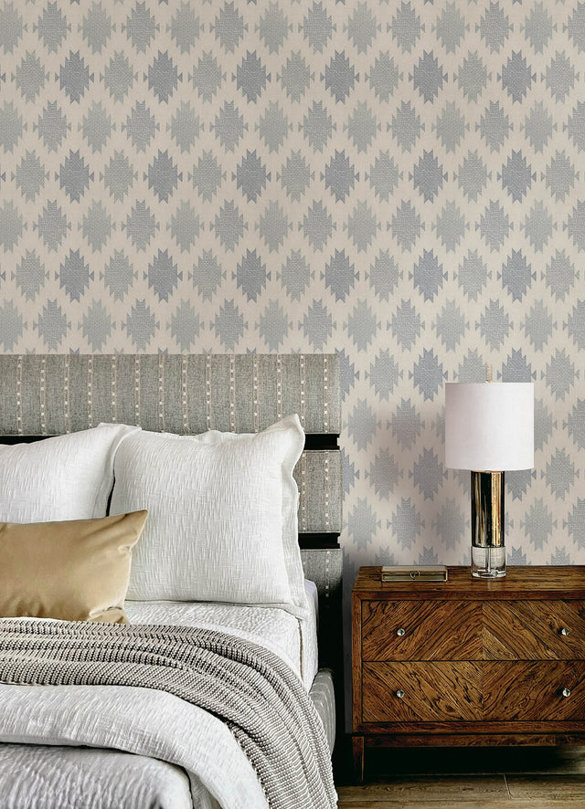 Stitched Heirloom Indigo Wallpaper with Textured Medallions - Chesapeake 4142-72663