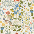 Groh Green Floral Wallpaper by A-Street Prints featuring whimsical Scandinavian botanical wildflowers, bees, and moths in green, blue, yellow, and coral on a creamy white background