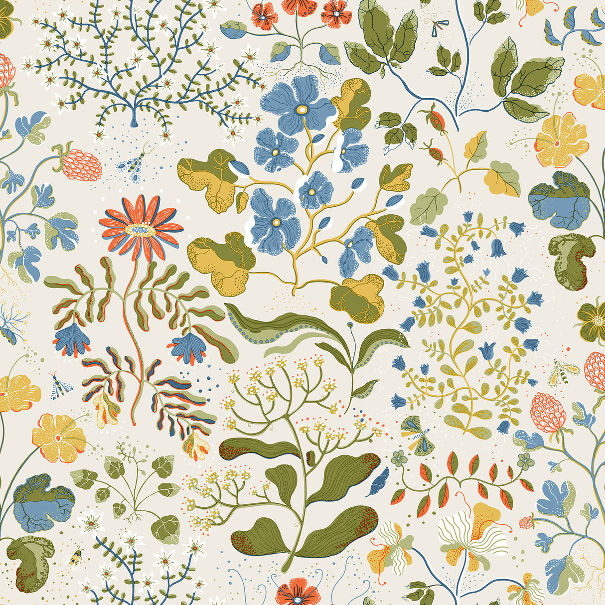 Groh Green Floral Wallpaper by A-Street Prints featuring whimsical Scandinavian botanical wildflowers, bees, and moths in green, blue, yellow, and coral on a creamy white background