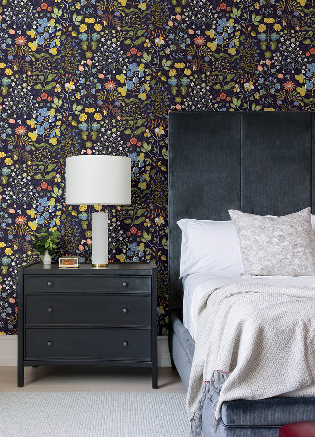 Groh Dark Blue Floral Wallpaper with Botanical Whimsical Pattern - A-Street Prints 4143-22002