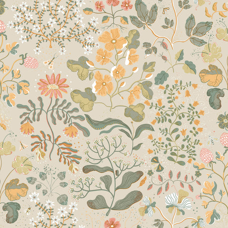 Groh Apricot Floral Wallpaper by A-Street Prints - Scandinavian Botanical Pattern in Apricot, Teal, and Pink on a Pale Grey Background