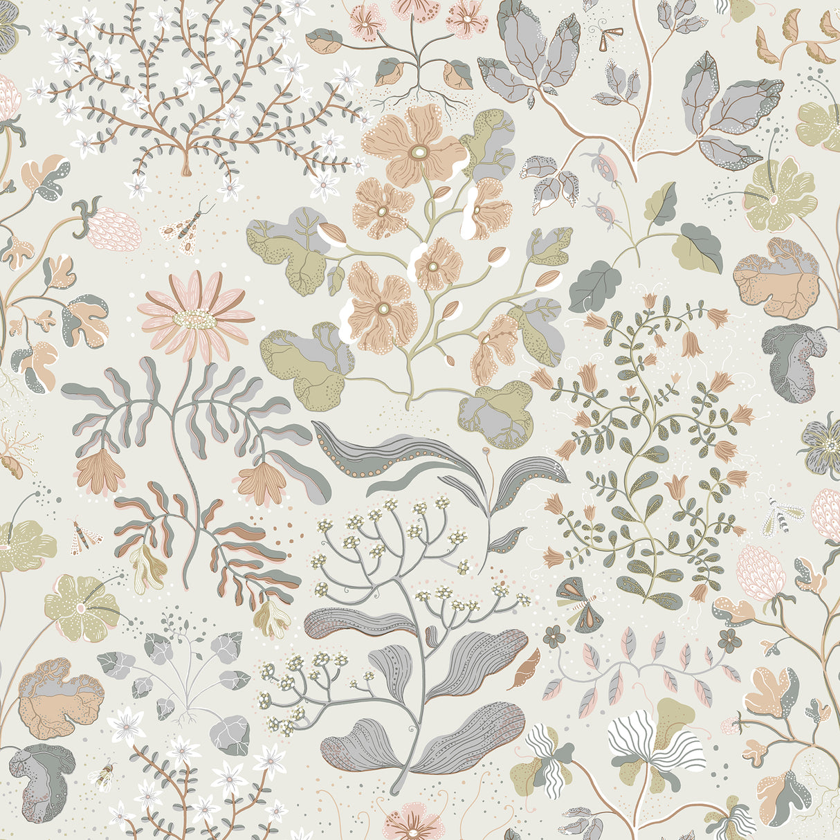 Groh Neutral Floral Wallpaper by A-Street Prints - MD22004 - Scandinavian botanical design in soft pastel peach, pink, blue and sage green on a pale background