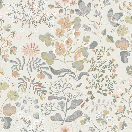 Groh Neutral Floral Wallpaper by A-Street Prints - MD22004 - Scandinavian botanical design in soft pastel peach, pink, blue and sage green on a pale background