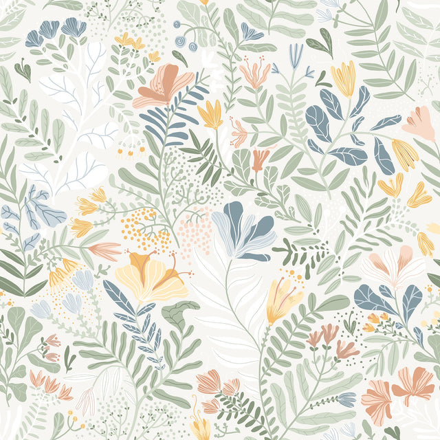 Brittsommar Seafoam Woodland Floral Wallpaper with Whimsical Botanical Pattern - A-Street Prints 4143-22005