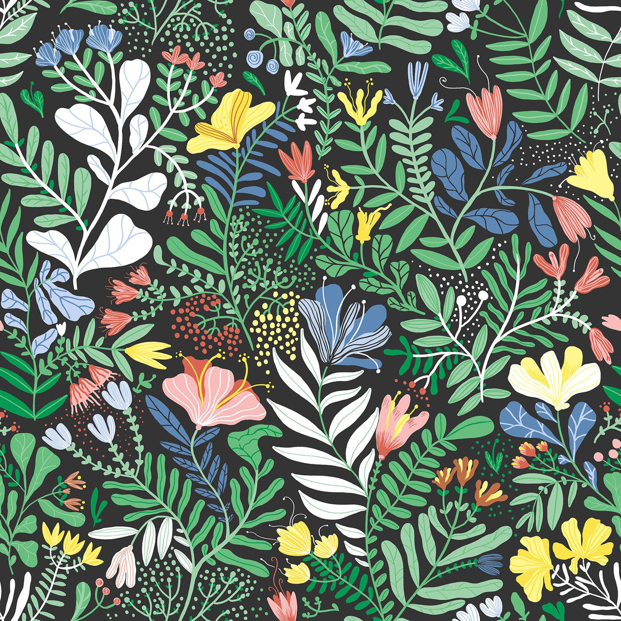 Brittsommar Black Woodland Floral Wallpaper with Whimsical Botanical Pattern - A-Street Prints 4143-22006
