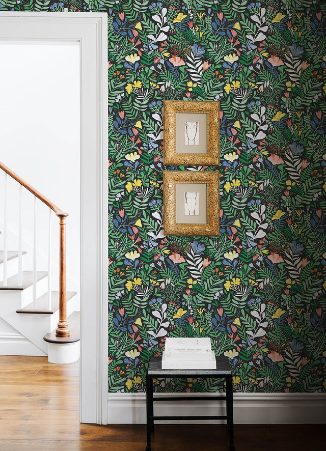 Brittsommar Black Woodland Floral Wallpaper with Whimsical Botanical Pattern - A-Street Prints 4143-22006