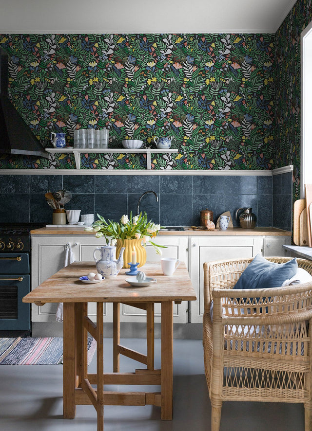 Brittsommar Black Woodland Floral Wallpaper with Whimsical Botanical Pattern - A-Street Prints 4143-22006