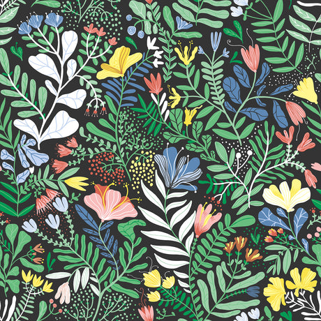 Brittsommar Black Woodland Floral Wallpaper by A-Street Prints - Whimsical Scandinavian Botanical Design on a Black Background