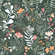 Brittsommar Evergreen Woodland Floral Wallpaper by A-Street Prints featuring lush botanical motifs with peach, pink, and white flowers layered over sweeping green foliage on a deep evergreen background