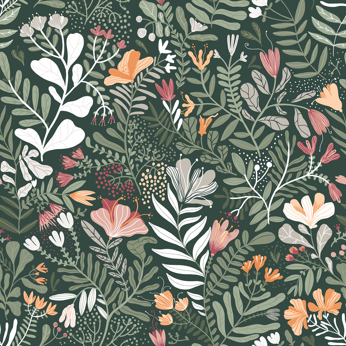 Brittsommar Evergreen Woodland Floral Wallpaper by A-Street Prints featuring lush botanical motifs with peach, pink, and white flowers layered over sweeping green foliage on a deep evergreen background