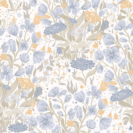 Hava Light Blue Meadow Flowers Wallpaper by A-Street Prints - Whimsical Botanical Floral Design in Light Blue, Gold, and Taupe on White Ground