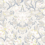 Lisa Bone Floral Damask Wallpaper by A-Street Prints featuring illustrative white florals with grey leaves and soft pink and pale chartreuse accents on a warm cream background