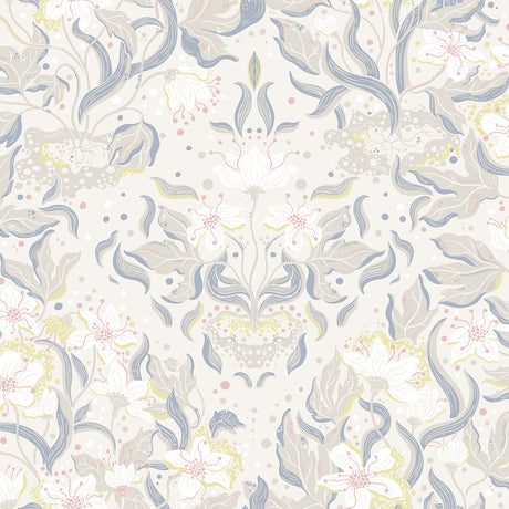 Lisa Bone Floral Damask Wallpaper by A-Street Prints featuring illustrative white florals with grey leaves and soft pink and pale chartreuse accents on a warm cream background