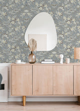 Lisa Stone by A-Street Prints Whimsical Botanical Illustrative Floral Damask Wallpaper in Grey White Blue and Mustard Yellow - MD22018