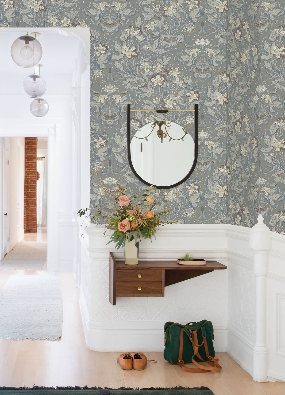 Lisa Stone by A-Street Prints Whimsical Botanical Illustrative Floral Damask Wallpaper in Grey White Blue and Mustard Yellow - MD22018