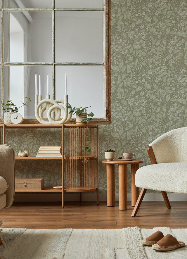 Turi Moss Twining Vines Wallpaper with Botanical Farmhouse Pattern - Brewster 4143-22024