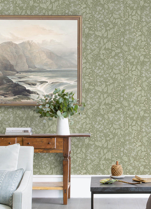 Turi Moss Twining Vines Wallpaper with Botanical Farmhouse Pattern - Brewster 4143-22024