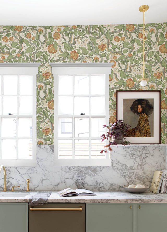 Kort Green Fruit and Floral Wallpaper with Scandinavian Botanical Pattern - Brewster 4143-22026