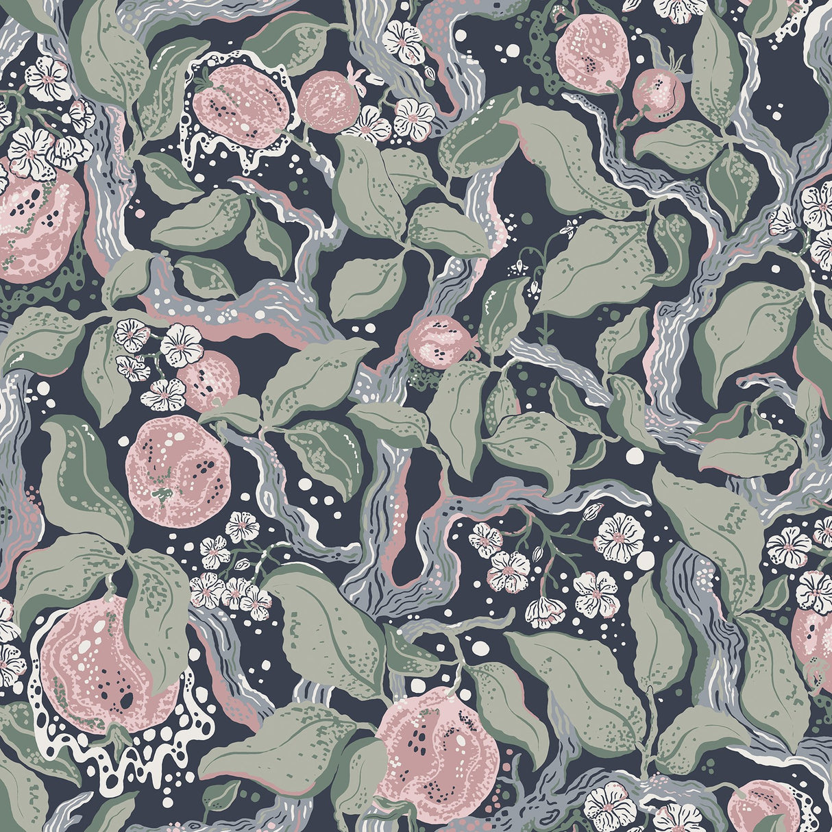 Kort Dark Blue Fruit and Floral Wallpaper with Botanical Scandinavian Motif - Brewster 4143-22028