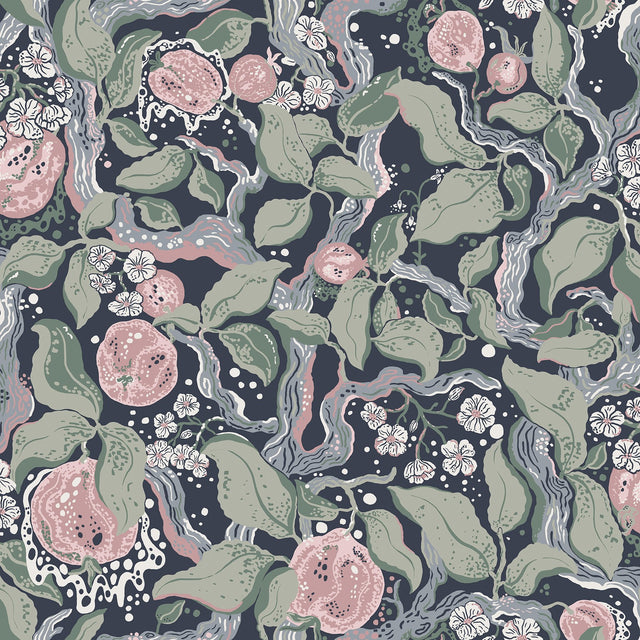Kort Dark Blue Fruit and Floral Wallpaper with Botanical Scandinavian Motif - Brewster 4143-22028