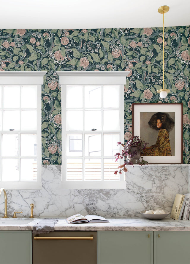 Kort Dark Blue Fruit and Floral Wallpaper with Botanical Scandinavian Motif - Brewster 4143-22028