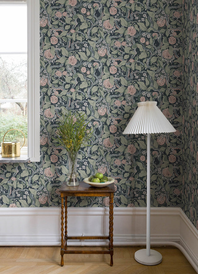 Kort Dark Blue Fruit and Floral Wallpaper with Botanical Scandinavian Motif - Brewster 4143-22028
