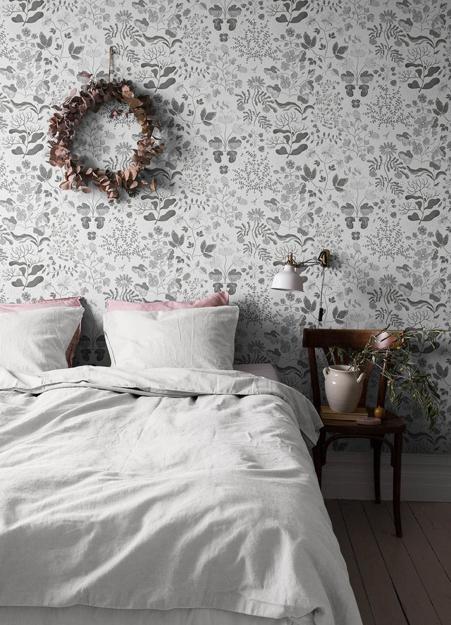 Groh Grey Floral Wallpaper with Scandinavian Botanical Motif, Whimsical Non Woven Unpasted - A-Street Prints 4143-22029