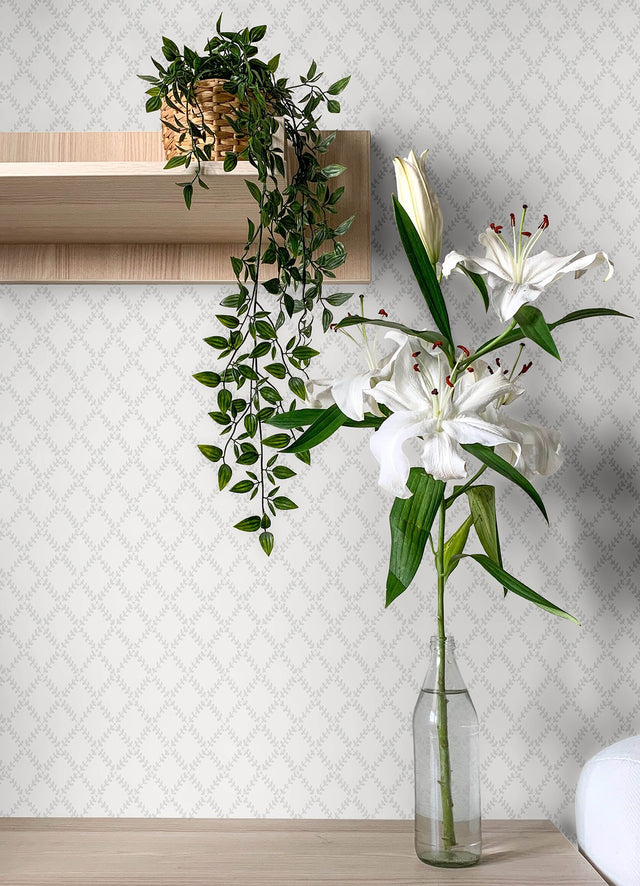 Trevor White Leaf Trellis Wallpaper with Botanical Trellis & Lattice Pattern  A-Street Prints 4143-34001