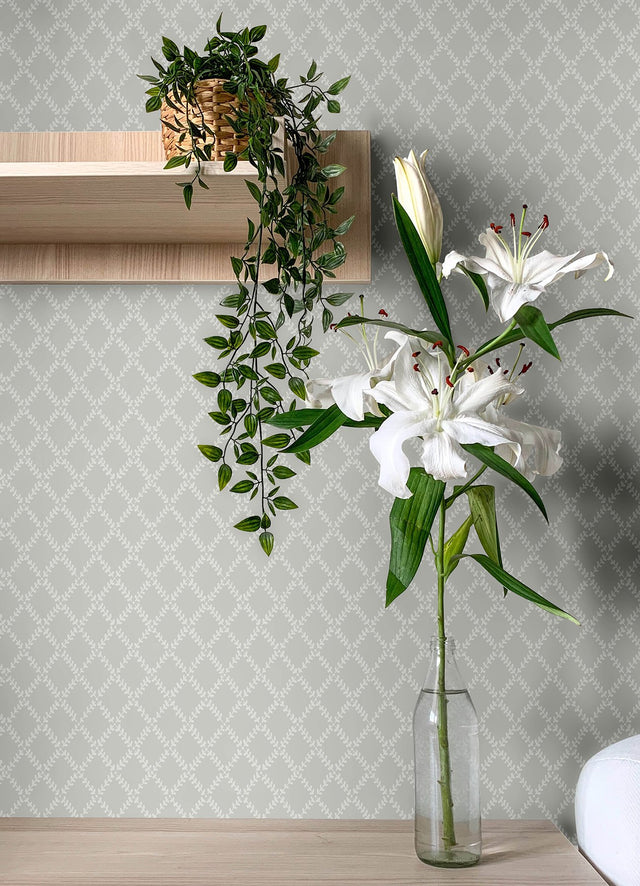 Trevor Grey Leaf Trellis Wallpaper with Botanical Leafy Diamond Trellis - A-Street Prints 4143-34005