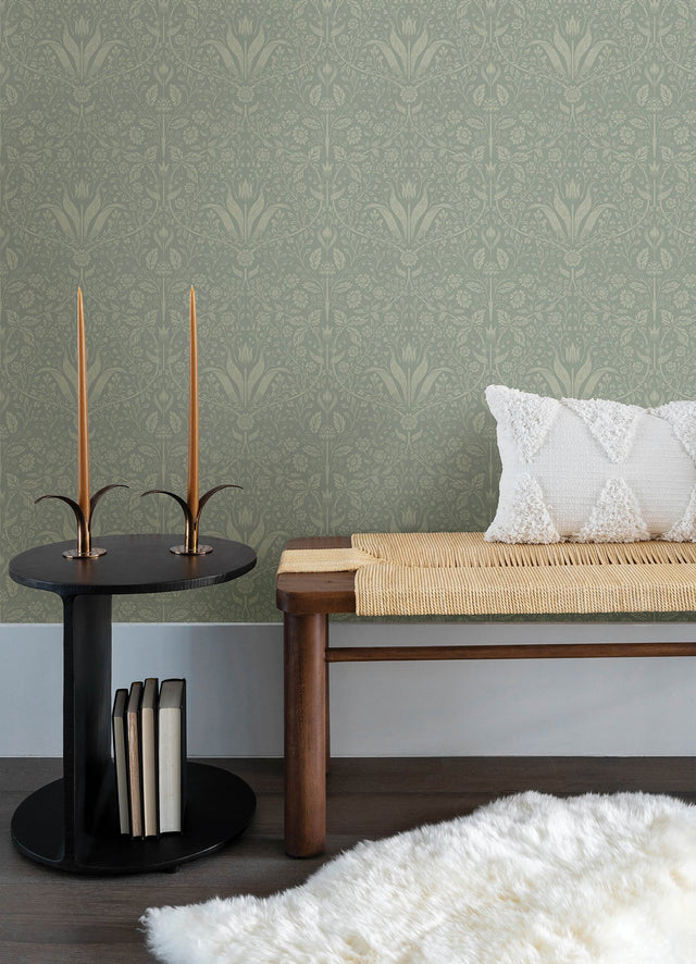 Mara Green Tulip Ogee Wallpaper with Scandinavian Botanical Pattern - A-Street Prints 4143-34009