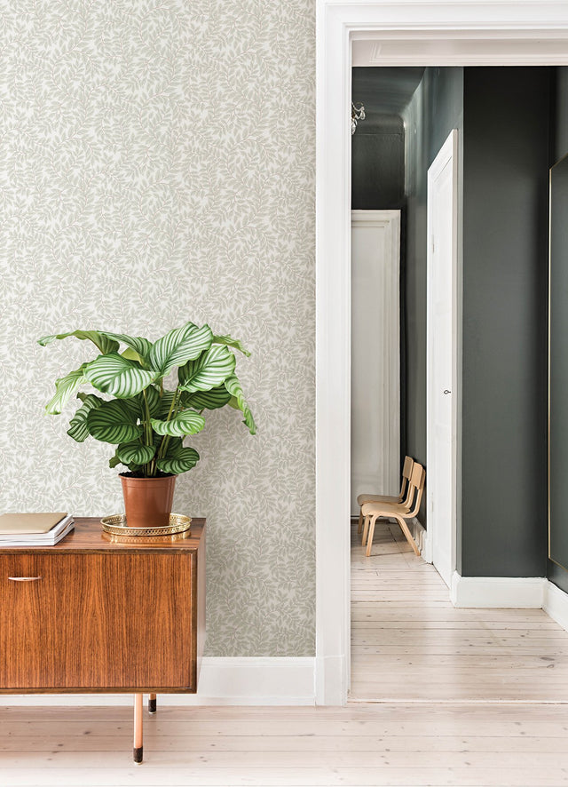 Lindlö v Light Grey Leafy Vines Wallpaper with Botanical Scandinavian Motif - A-Street Prints 4143-34017