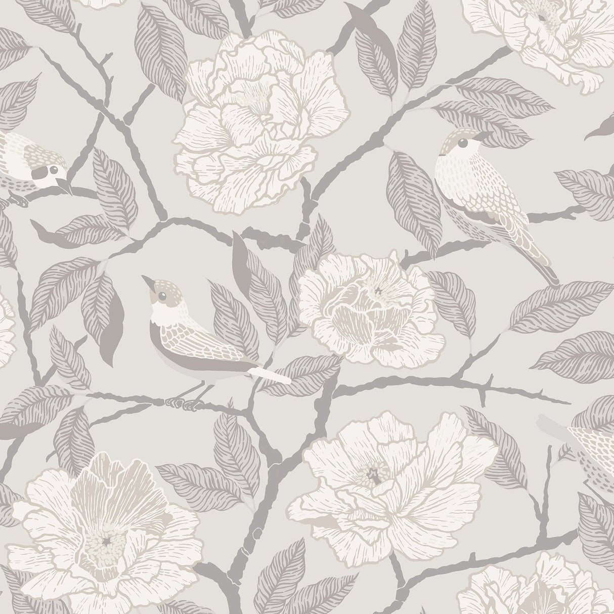 Bernadina Grey Rosebush Wallpaper with Botanical Floral and Sparrow Motif - A-Street Prints 4143-34021