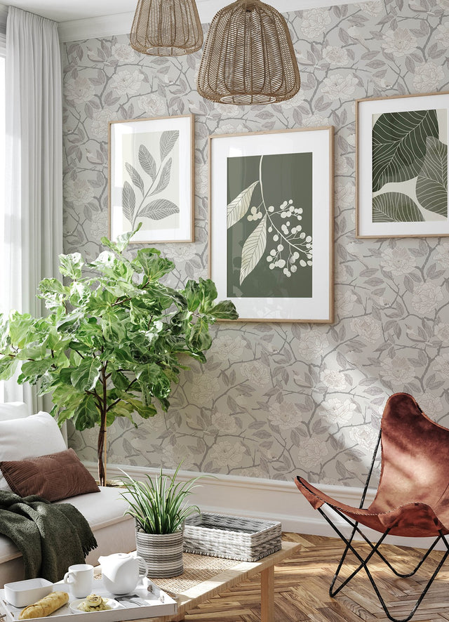 Bernadina Grey Rosebush Wallpaper with Botanical Floral and Sparrow Motif - A-Street Prints 4143-34021