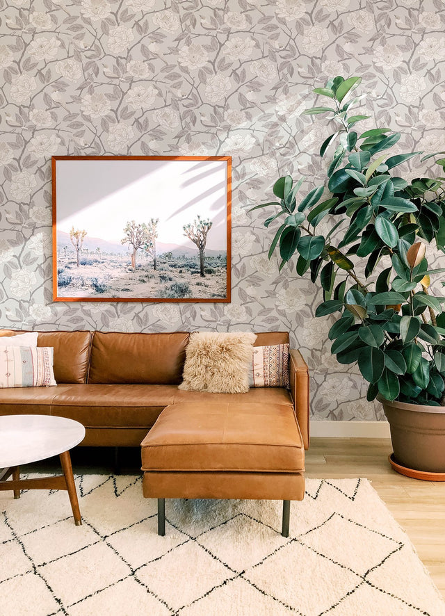 Bernadina Grey Rosebush Wallpaper with Botanical Floral and Sparrow Motif - A-Street Prints 4143-34021