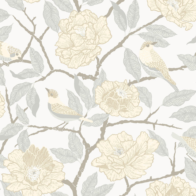 Bernadina Light Yellow Rosebush Wallpaper with Botanical Flower and Sparrow Motif - A-Street Prints 4143-34022