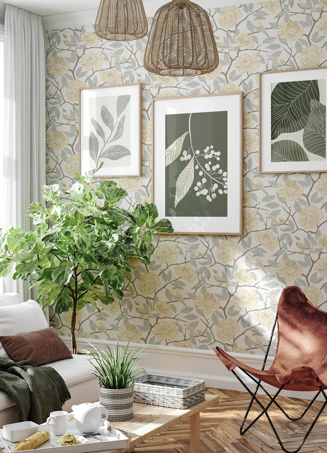 Bernadina Light Yellow Rosebush Wallpaper with Botanical Flower and Sparrow Motif - A-Street Prints 4143-34022
