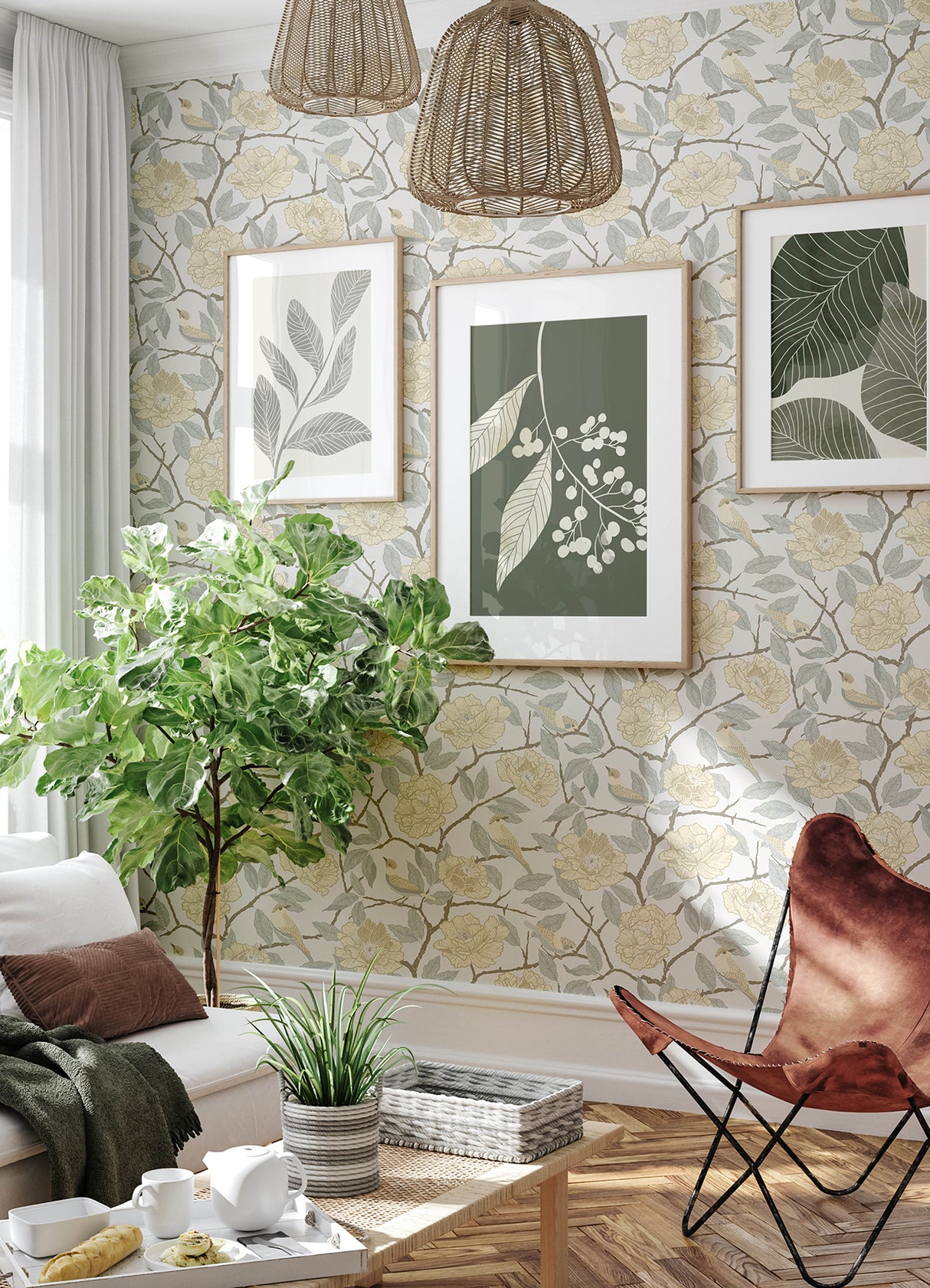 Bernadina Light Yellow Rosebush Wallpaper by A-Street Prints Bohemian Botanical Floral Sparrow Non-Woven Unpasted Sidewall Roll - MD34022