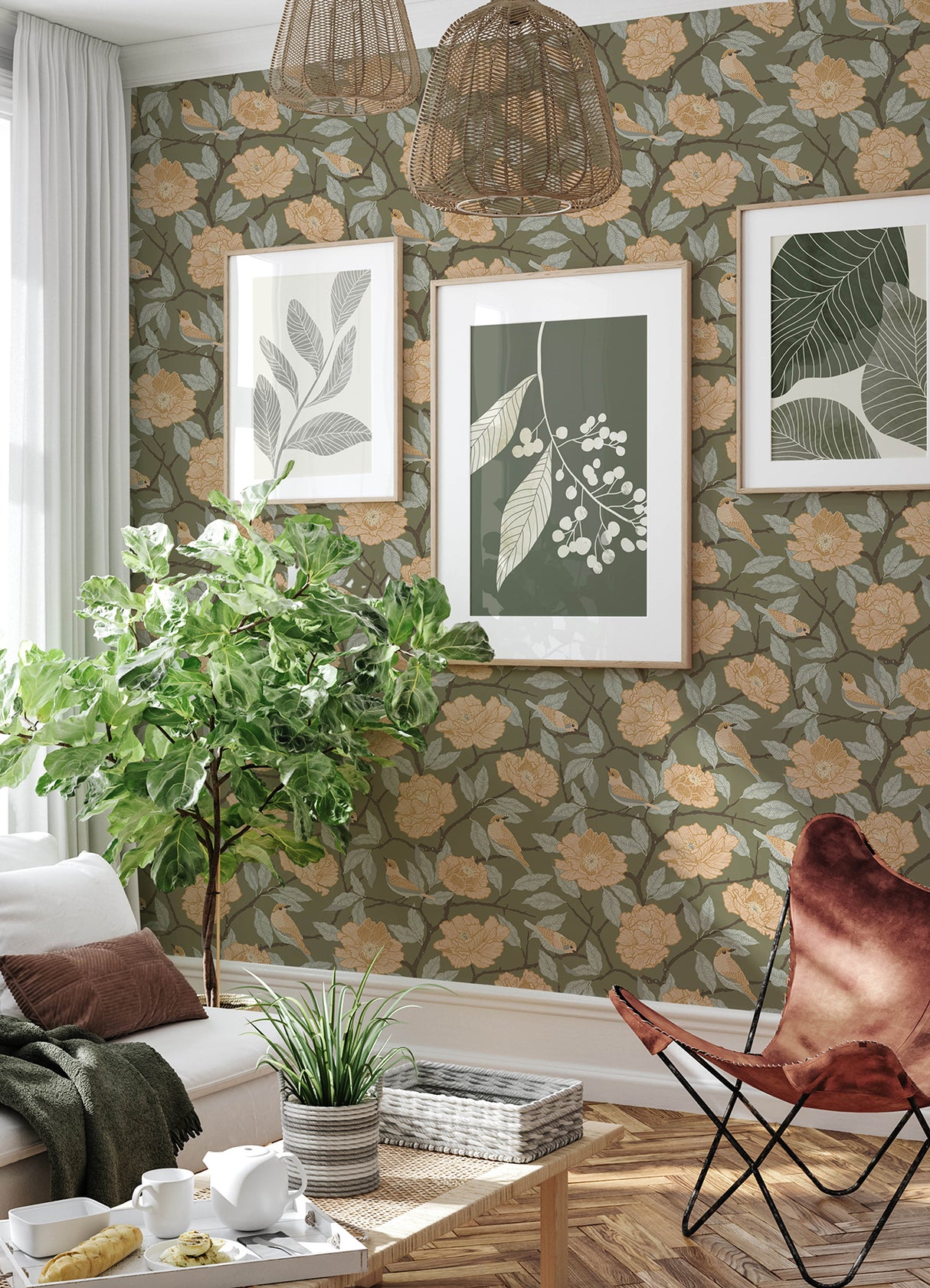 Bernadina Moss by A-Street Prints Botanica Bohemian Botanical Rosebush and Bird Unpasted Non Woven Washable Strippable Wallpaper - MD34024