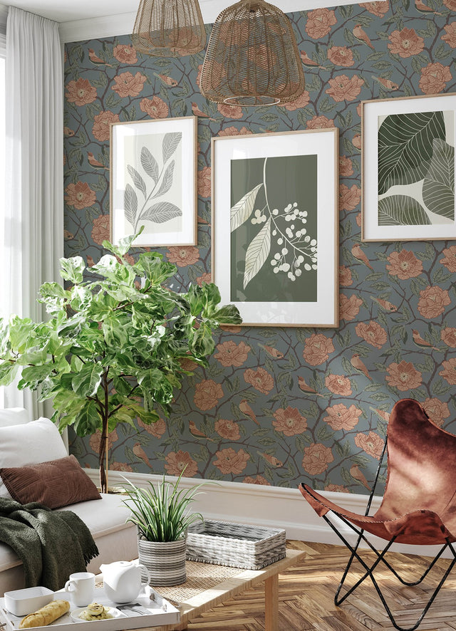 Bernadina Blue Rosebush Wallpaper with Botanical Floral and Bohemian Style - A-Street Prints 4143-34025