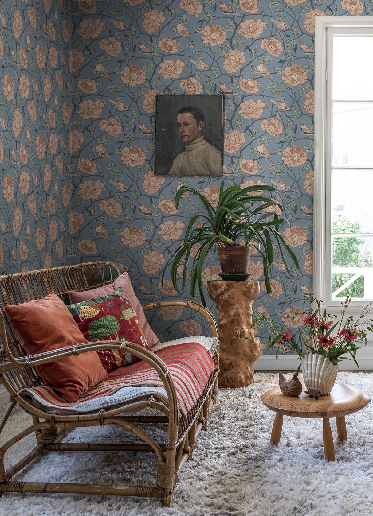 Bernadina Blue Rosebush by A-Street Prints Bohemian Botanical Floral Wallpaper with Sparrows on Slate Blue Background - A-Street Prints MD34025