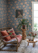 Bernadina Blue Rosebush by A-Street Prints Bohemian Botanical Floral Wallpaper with Sparrows on Slate Blue Background - A-Street Prints MD34025