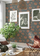 Bernadina Blue Rosebush by A-Street Prints Bohemian Botanical Floral Wallpaper with Sparrows on Slate Blue Background - A-Street Prints MD34025