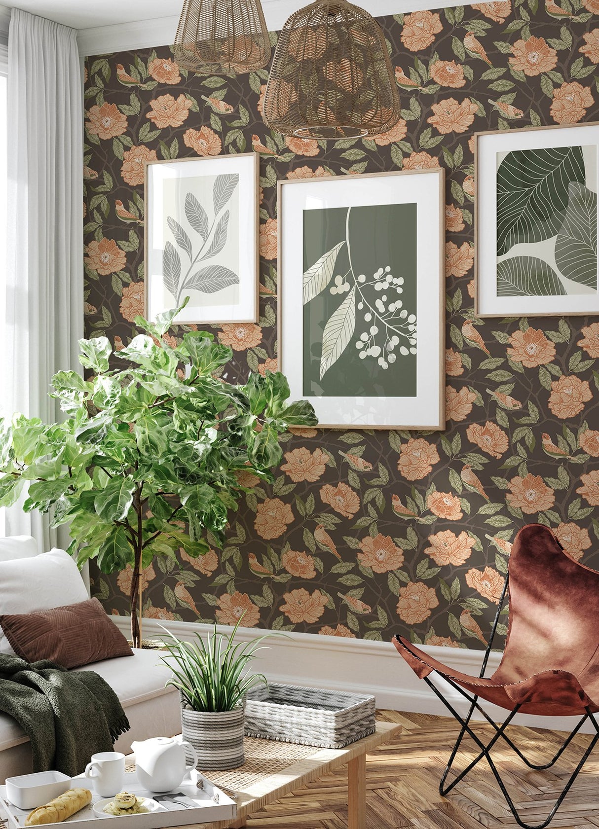 Bernadina Black Rosebush Wallpaper with Botanical Floral and Birds Bohemian Style - A-Street Prints 4143-34026