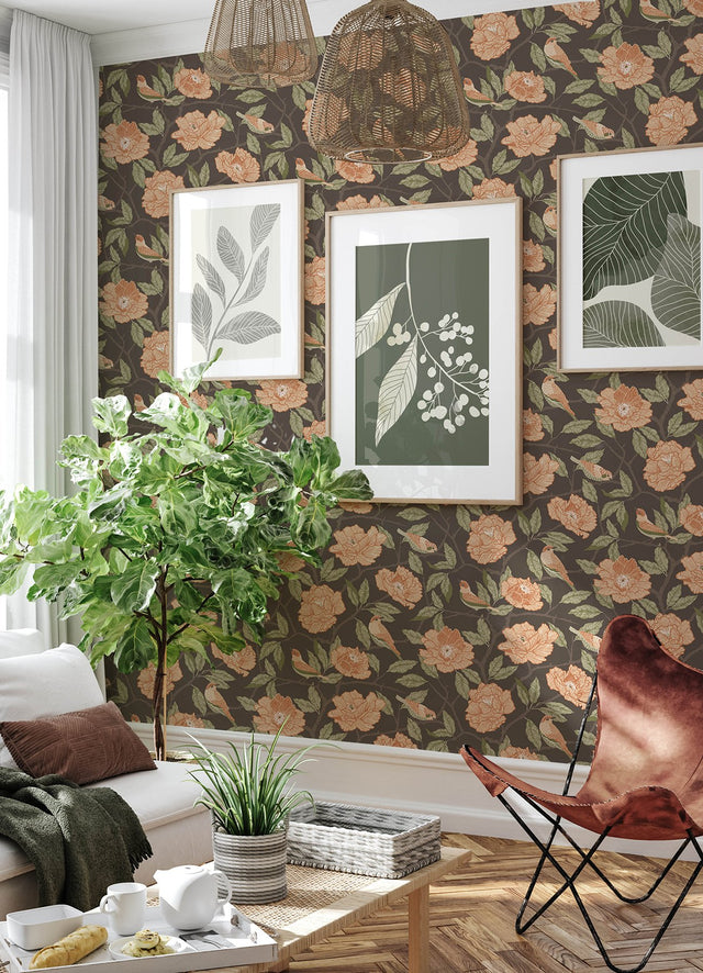Bernadina Black Rosebush Wallpaper with Botanical Floral and Birds Bohemian Style - A-Street Prints 4143-34026