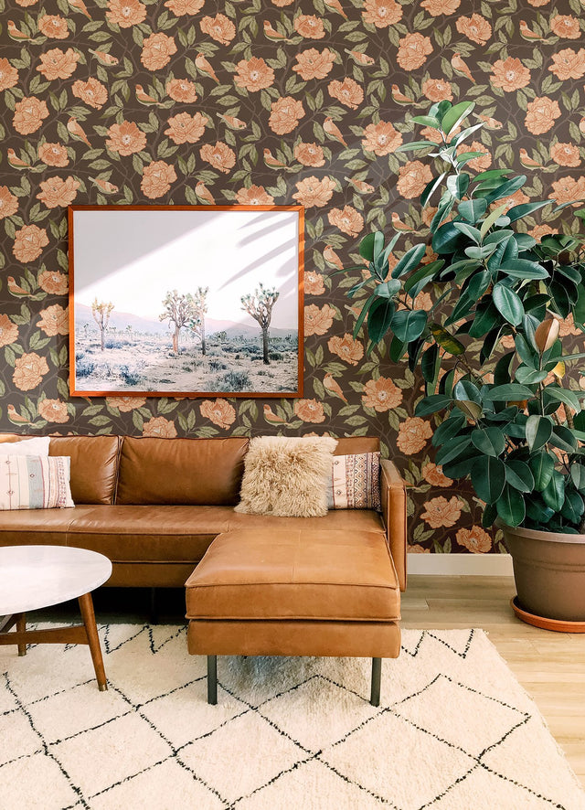 Bernadina Black Rosebush Wallpaper with Botanical Floral and Birds Bohemian Style - A-Street Prints 4143-34026