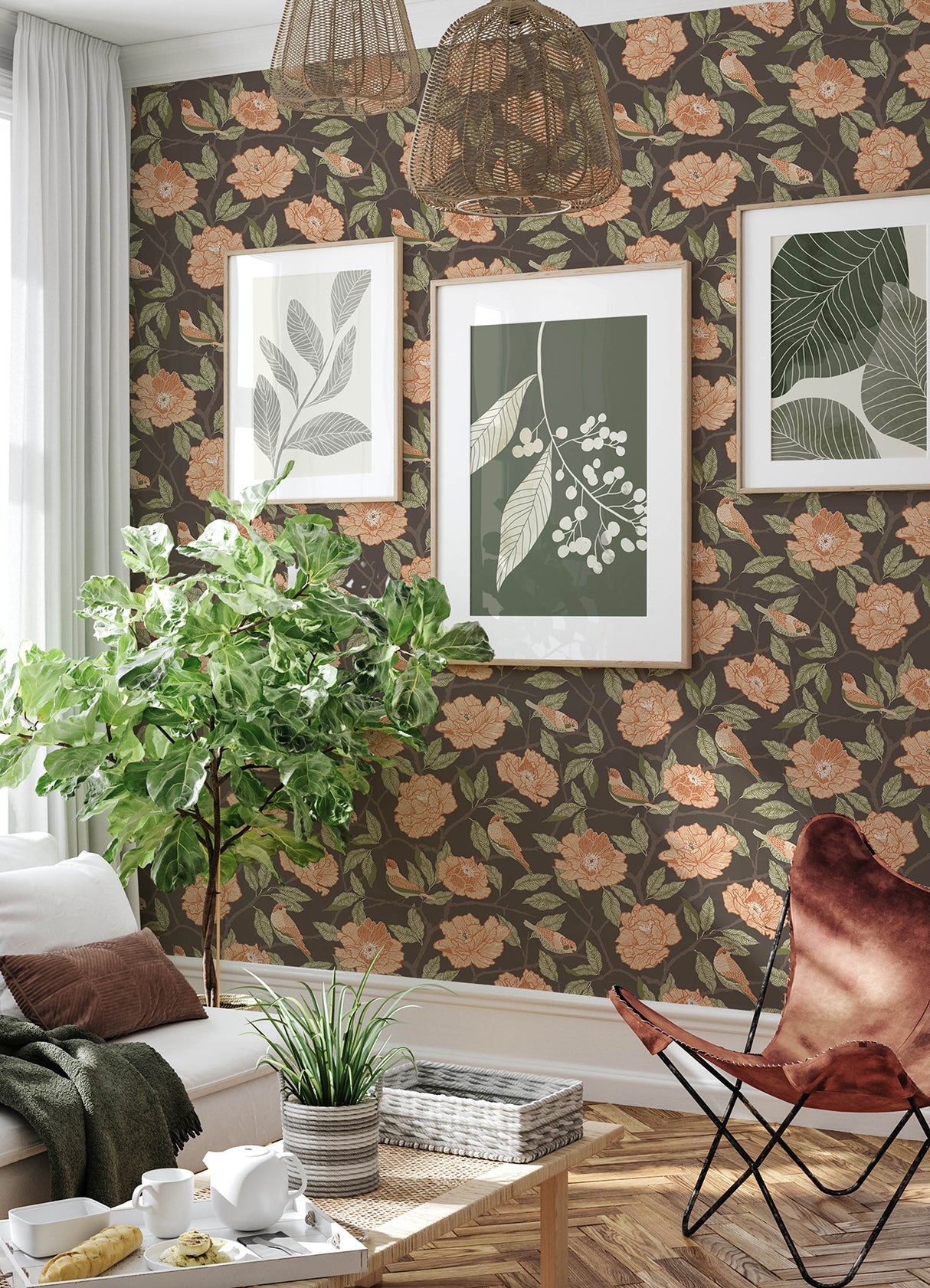 Bernadina Black by A-Street Prints Rosebush Botanical Bohemian Floral Bird Non Woven Unpasted Wallpaper Roll 57.5 Sq Ft - MD34026