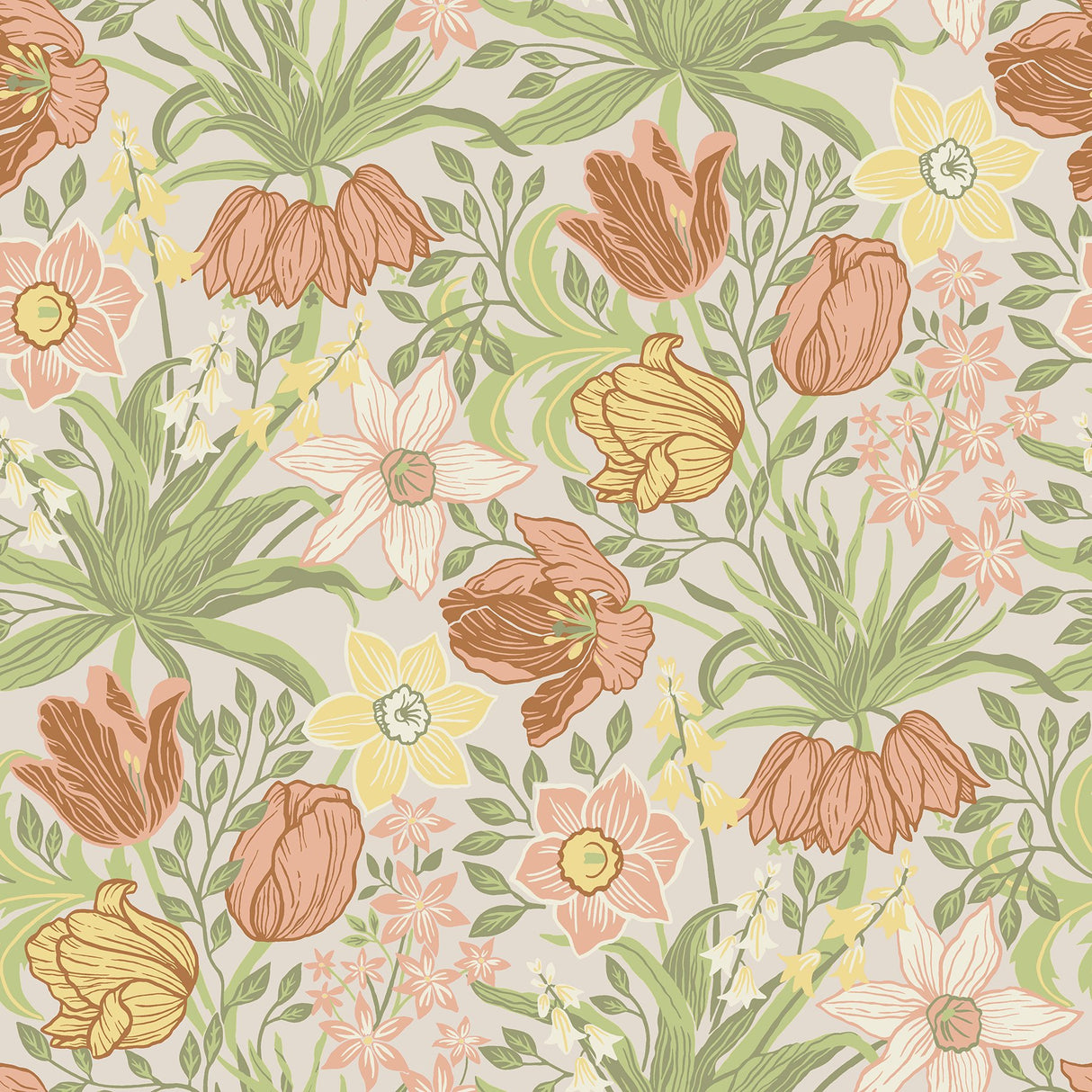 Cecilia Chartreuse Tulip and Daffodil Wallpaper with Botanical Whimsical Floral Pattern - A-Street Prints 4143-34028